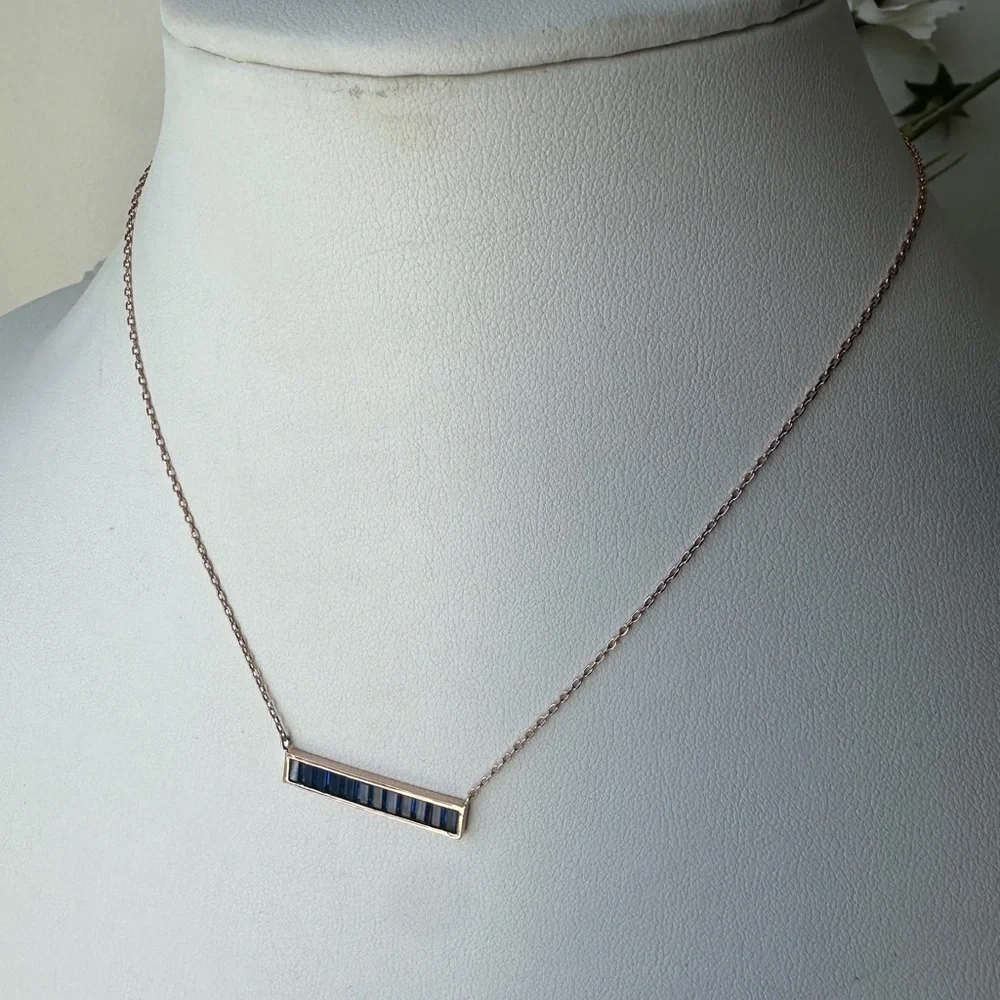 Elegant rose gold late over silver Blue stone Bar Necklace